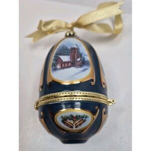 Arden Porcelain Hinged Egg Ornament Cobalt Blue Winter Village Scene Trinket Box